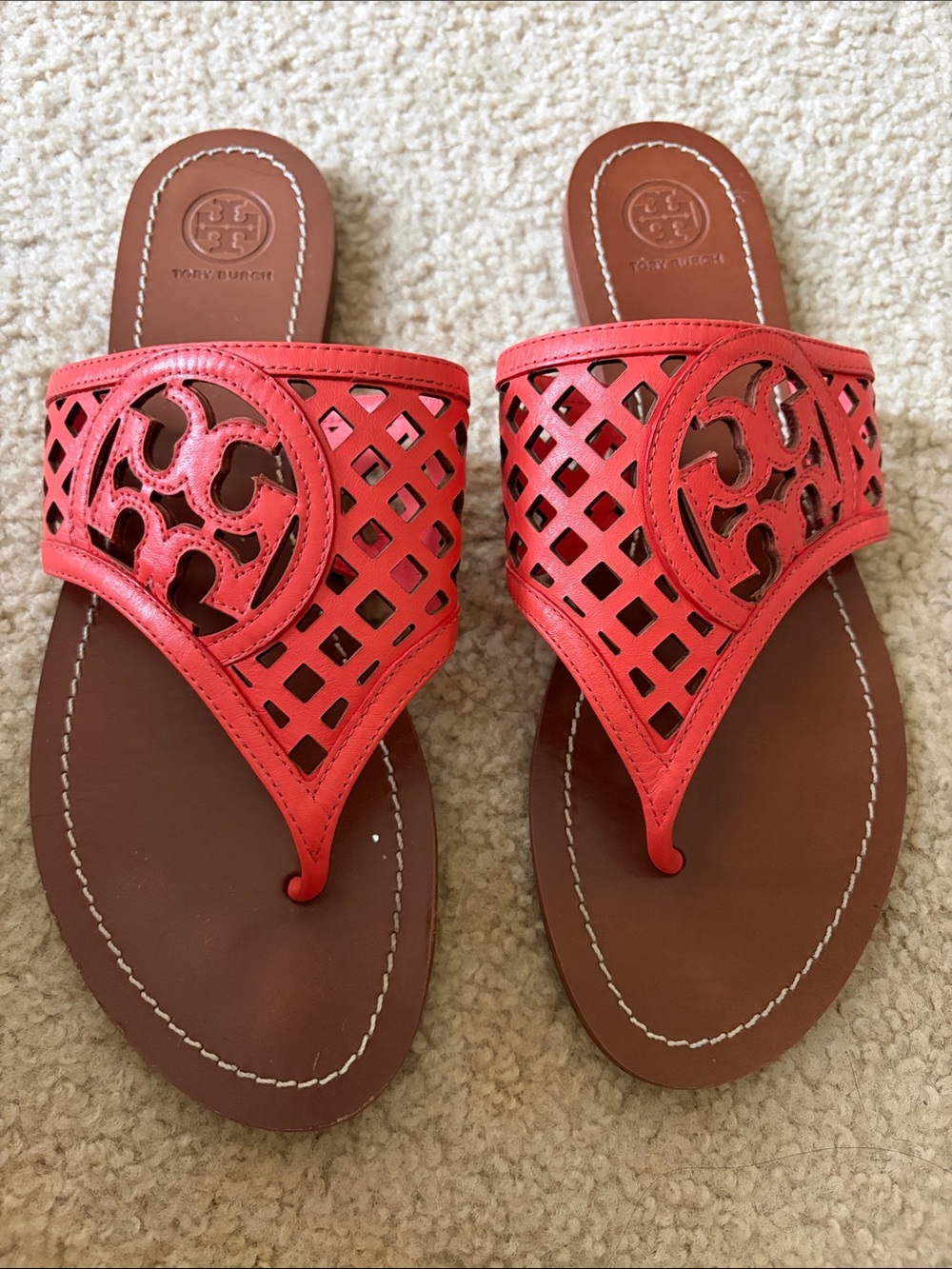 Tory Burch Coral Red Cutout Leather Thong Sandals